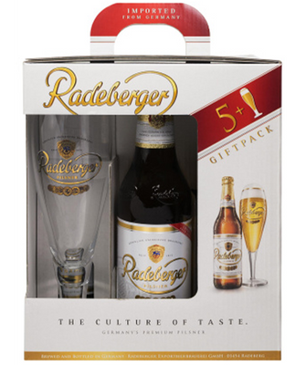 Подарочный набор пива Radeberger, 5шт х 0,33л + бокал 0,2л 000003172 фото