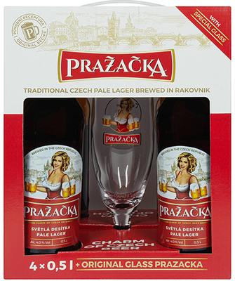 Подарочный набор пива Prazacka, 4шт х 0,5л + бокал 0,33л 000003904 фото