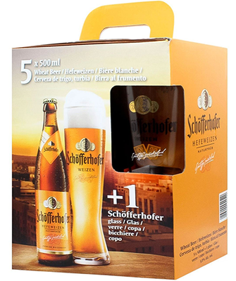 Подарунковий набір пива Schofferhofer, 5шт.х 0,5л +  келих 0,5л 000004552 фото