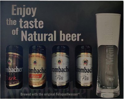 Подарунковий набір німецького пива Krombacher 4шт. х 0,33л + келих 0,33л 000004459 фото