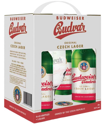 Подарочный набор пива Budweiser Budvar Original, 4шт. х 0,5л + бокал 0,33л 000004807 фото