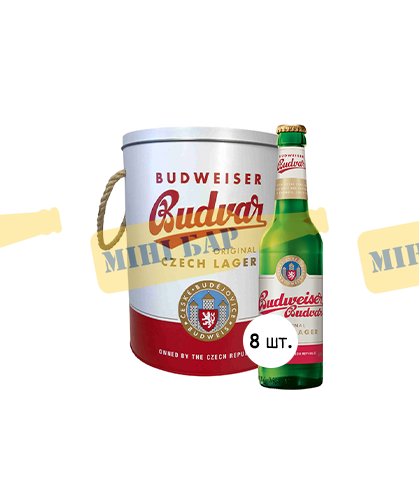 Подарунковий набір пива Budweiser, металевий круглий бокс + 8шт.скло х 0,33л 000005433 фото
