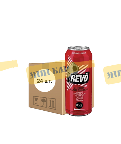 Упаковка слабоалкогольного енергетичного напою "REVO Cherry", 0,5л х 24шт. 000003825 фото