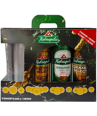 Подарунковий набір пива Kalnapilis, 6шт. х 0,568л + келих 0,5л 000004892 фото